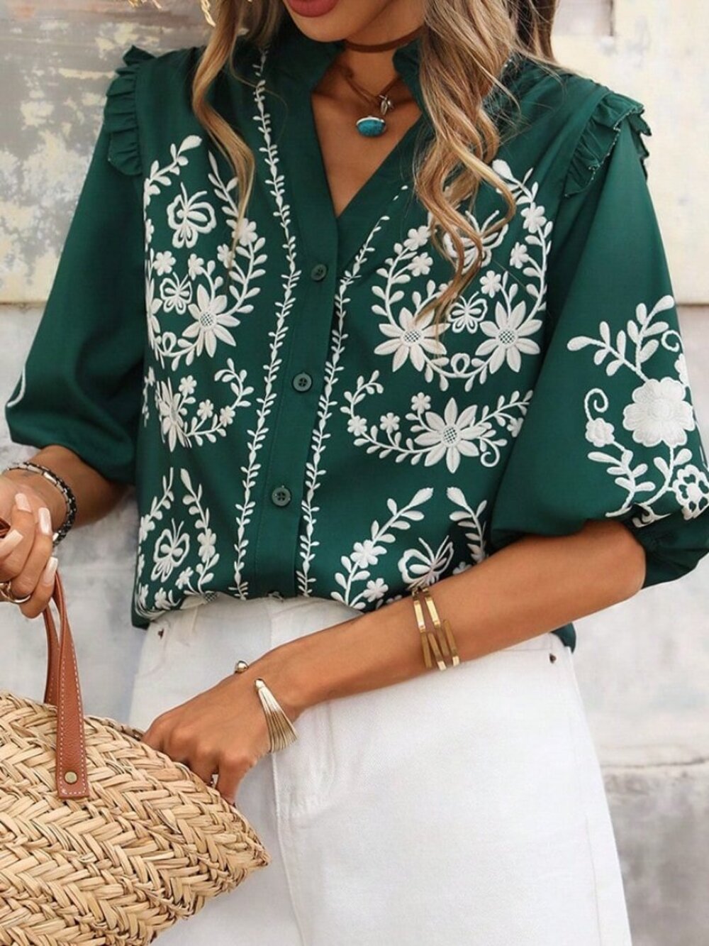 Green Boho Women's V-Neck Ruffle Trim Open Front Casual Printed Shirt - Picture 5 of 7